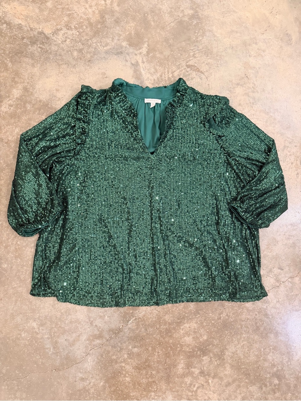 Crown & Ivy Green Sequin Ruffle Holiday Party Blouse XXL Sparkle Glam Festive